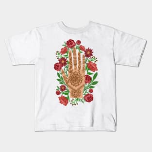 Floral Henna Hand with  turquoise background Kids T-Shirt